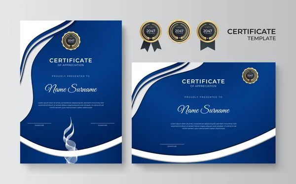 Plantilla Borde Logro Certificado Oro Azul Blanco Con Insignia Lujo — Vector de stock