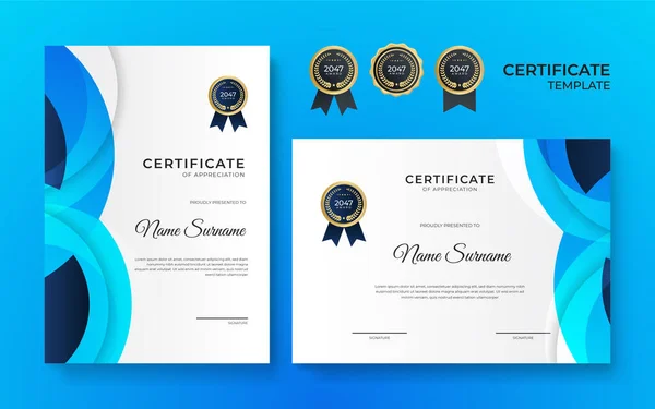 Plantilla Borde Logro Certificado Oro Azul Blanco Con Insignia Lujo — Vector de stock