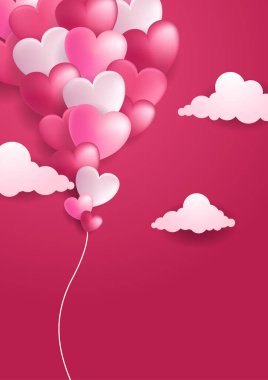 Sevgililer Günü konsept posterleri. Vektör çizimi. Geometrik arkaplanlı 3 boyutlu kırmızı ve pembe kağıt kalpler. Sevimli aşk satışı afişleri ya da tebrik kartları