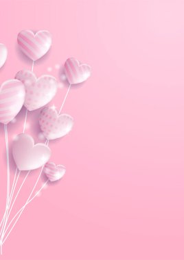 Sevgililer Günü konsept posterleri. Vektör çizimi. Geometrik arkaplanlı 3 boyutlu kırmızı ve pembe kağıt kalpler. Sevimli aşk satışı afişleri ya da tebrik kartları