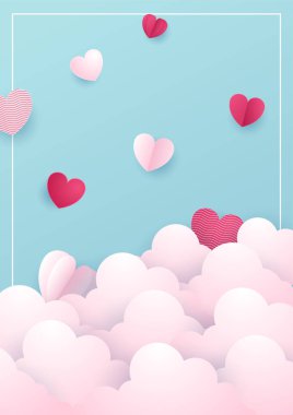 Sevgililer Günü konsept posterleri. Vektör çizimi. Geometrik arka planı çerçeveli 3D mavi ve pembe kağıt kalpler. Sevimli aşk satışı afişleri ya da tebrik kartları