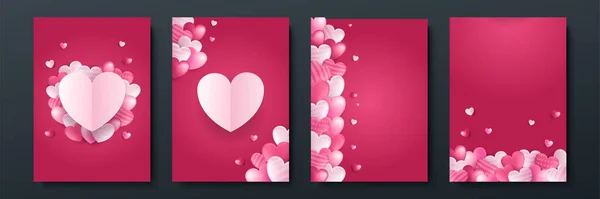 Valentýnský Koncept Plakáty Nastavit Vektorová Ilustrace Červená Růžová Papírová Srdce — Stockový vektor