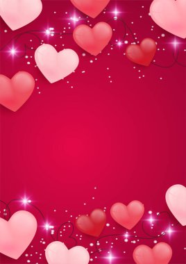 Kırmızı, pembe ve beyaz kalpler ve kırmızı arka planda izole edilmiş parlak konfetiler. Vektör çizimi. Sevgililer Günü için kağıt kesimi dekorasyonları