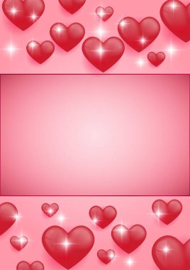 Kırmızı, pembe ve beyaz kalpler ve kırmızı arka planda izole edilmiş parlak konfetiler. Vektör çizimi. Sevgililer Günü için kağıt kesimi dekorasyonları