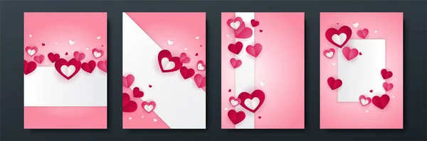 Valentijnsdag Concept Posters Set Vector Illustratie Rood Roze Papieren Hartjes — Stockvector