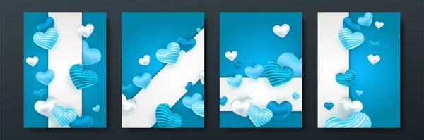 Valentýnské Plakáty Nastaveny Modré Bílé Papírové Srdce Rámečkem Geometrickém Pozadí — Stockový vektor