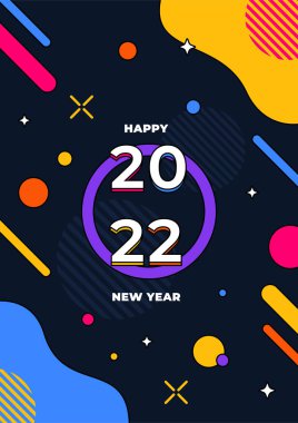Mutlu yıllar 2022. Tebrik kartı, parti davetiyesi, web sitesi afişi, sosyal medya afişi, arkaplan, kapak tasarım şablonu, pazarlama malzemesi.