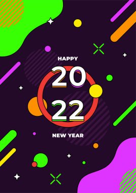 Mutlu yıllar 2022. Tebrik kartı, parti davetiyesi, web sitesi afişi, sosyal medya afişi, arkaplan, kapak tasarım şablonu, pazarlama malzemesi.