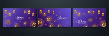 Ramazan Kareem İslami geçmişi. Süslü mor altın desenli İslami tasarım arka planı. Ramazan Kareem soyut lüks İslami unsurlar arka planı