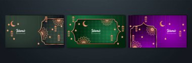 Süslü Arap yeşili mor desenli İslami tasarım arka planı. Ramazan Kareem afiş arkaplanı