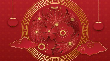 Mutlu Çin yeni yılı 2022. Asyalı unsurları olan ve arka planda zanaat stili olan kaplan yılı karakteri. Kırmızı ve altın rengi temalı genel Çin arkaplanı