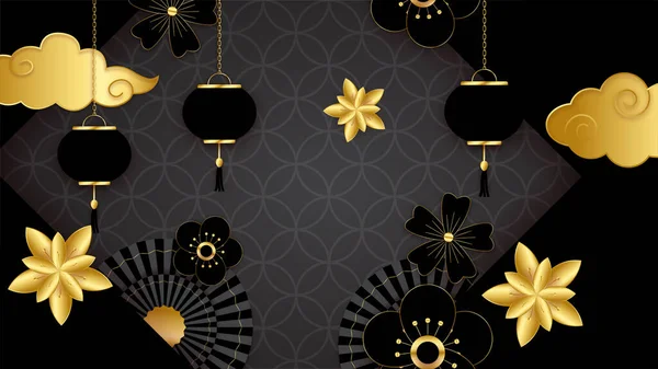 Papier Stil Neujahr Schwarz Gold Chinesisches Design Hintergrund — Stockvektor