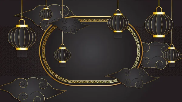 Colgante Linterna Papel Estilo Oro Negro Chino Diseño Fondo — Vector de stock