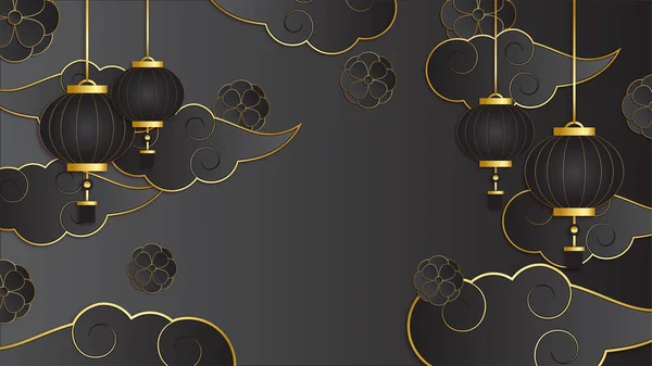 Hängende Laterne Papier Stil Schwarz Gold Chinesisches Design Hintergrund — Stockvektor