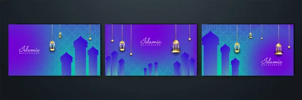 Ramadan Kareem Hintergrund Ornamental Moschee Arabisch Blau Lila Goldmuster Islamischen — Stockvektor