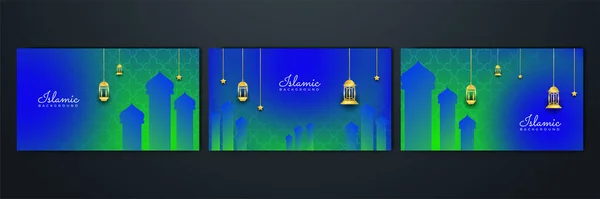 Islamitische Achtergrond Ontwerp Voor Ramadan Kareem Decoratieve Moskee Arabisch Blauw — Stockvector