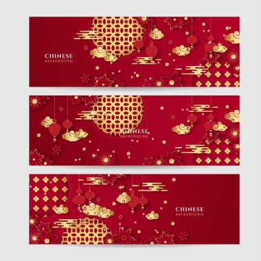 Çin porseleni, kırmızı altın arka plan. 2022 yılında Çin porseleni kaplan kırmızı ve altın çiçeği ve arka planda zanaat tarzıyla kesilmiş Asyalı elementler..