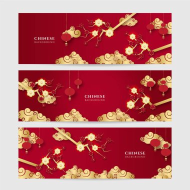 Çin porseleni, kırmızı altın arka plan. 2022 yılında Çin porseleni kaplan kırmızı ve altın çiçeği ve arka planda zanaat tarzıyla kesilmiş Asyalı elementler..