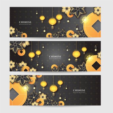 2022 Çin yeni yılı kaplan siyah ve altın çiçeği ve arka planda zanaat tarzıyla kesilmiş Asya elementleri. Evrensel Çin arkaplan afişi. Vektör illüstrasyonu