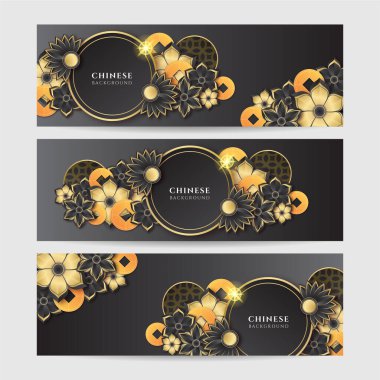 2022 Çin yeni yılı kaplan siyah ve altın çiçeği ve arka planda zanaat tarzıyla kesilmiş Asya elementleri. Evrensel Çin arkaplan afişi. Vektör illüstrasyonu