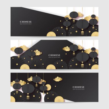 2022 Çin yeni yılı kaplan siyah ve altın çiçeği ve arka planda zanaat tarzıyla kesilmiş Asya elementleri. Evrensel Çin arkaplan afişi. Vektör illüstrasyonu