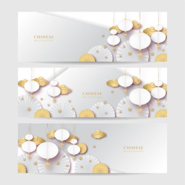 2022 Çin yeni yılı kaplan beyaz ve altın çiçeği ve arka planda zanaat tarzıyla kesilmiş Asyalı elementler. Evrensel Çin arkaplan afişi. Vektör illüstrasyonu