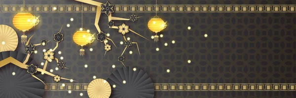 Año Nuevo Chino 2022 Año Flor Tigre Negro Oro Elementos — Archivo Imágenes Vectoriales