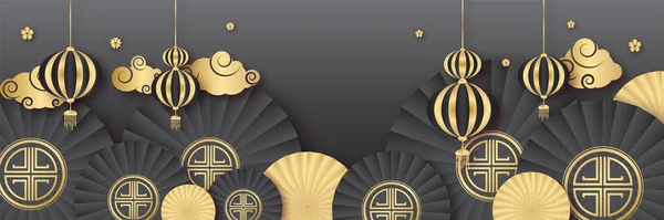 Китайский Новый 2022 Год Тигра Черный Золотой Цветок Азиатские Элементы — стоковый вектор