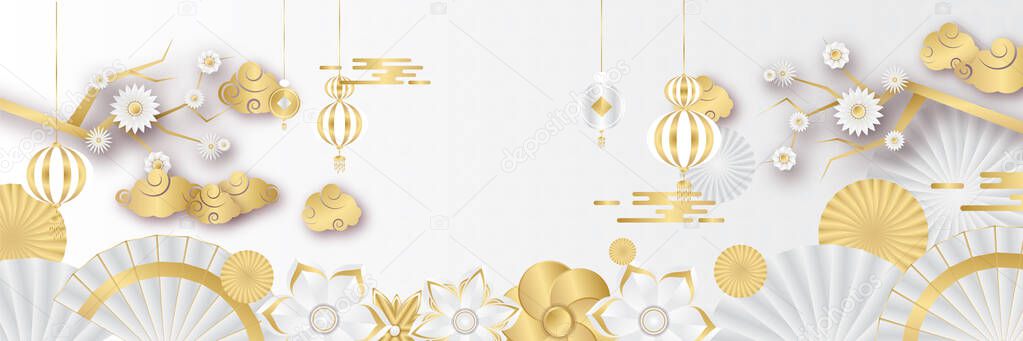 Chinese new year 2022 year of the tiger white and gold flower and asian elements paper cut with craft style on background. Universal chinese background banner. Vector illustration