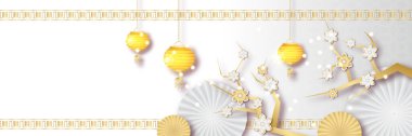 2022 Çin yeni yılı kaplan beyaz ve altın çiçeği ve arka planda zanaat tarzıyla kesilmiş Asyalı elementler. Evrensel Çin arkaplan afişi. Vektör illüstrasyonu