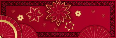 2022 yılında Çin 'de kaplan kırmızı ve altın çiçeği ve arka planda zanaat tarzıyla kesilmiş Asya elementleri. Evrensel Çin arkaplan afişi. Vektör illüstrasyonu
