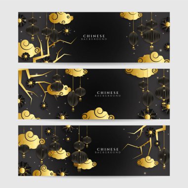 2022 Çin yeni yılı kaplan siyah ve altın çiçeği ve arka planda zanaat tarzıyla kesilmiş Asya elementleri. Evrensel Çin arkaplan afişi. Vektör illüstrasyonu