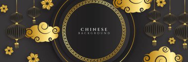 2022 Çin yeni yılı kaplan siyah ve altın çiçeği ve arka planda zanaat tarzıyla kesilmiş Asya elementleri. Evrensel Çin arkaplan afişi. Vektör illüstrasyonu