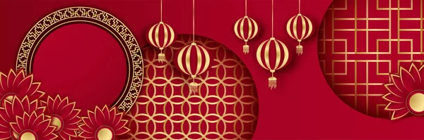 中国新年2022年的虎年红金花和亚洲元素剪纸以工艺风格为背景 通用的中国背景横幅 矢量说明 — 图库矢量图片