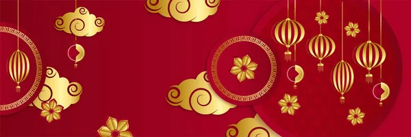 虎の赤と金の花と背景にクラフトスタイルでカットアジアの要素紙の中国の旧正月2022年 ユニバーサル中国の背景バナー ベクターイラスト — ストックベクタ