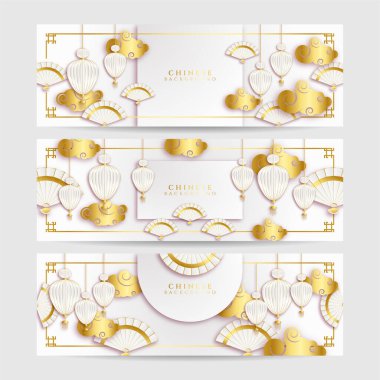 2022 Çin yeni yılı kaplan beyaz ve altın çiçeği ve arka planda zanaat tarzıyla kesilmiş Asyalı elementler. Evrensel Çin arkaplan afişi. Vektör illüstrasyonu