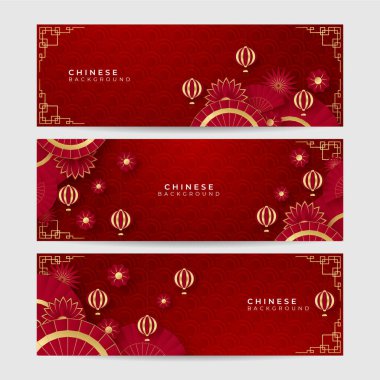 2022 yılında Çin 'de kaplan kırmızı ve altın çiçeği ve arka planda zanaat tarzıyla kesilmiş Asya elementleri. Evrensel Çin arkaplan afişi. Vektör illüstrasyonu