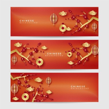 2022 yılında Çin 'de kaplan kırmızı ve altın çiçeği ve arka planda zanaat tarzıyla kesilmiş Asya elementleri. Evrensel Çin arkaplan afişi. Vektör illüstrasyonu