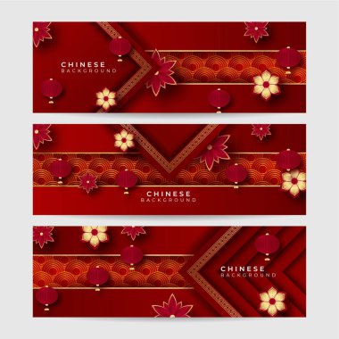 2022 yılında Çin 'de kaplan kırmızı ve altın çiçeği ve arka planda zanaat tarzıyla kesilmiş Asya elementleri. Evrensel Çin arkaplan afişi. Vektör illüstrasyonu