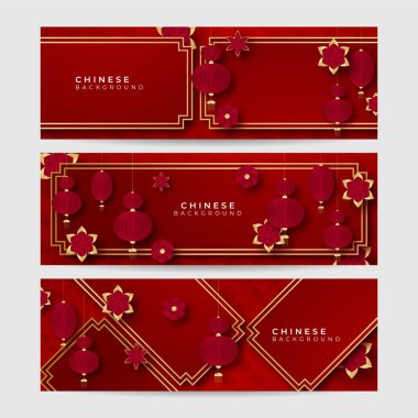 2022 yılında Çin 'de kaplan kırmızı ve altın çiçeği ve arka planda zanaat tarzıyla kesilmiş Asya elementleri. Evrensel Çin arkaplan afişi. Vektör illüstrasyonu