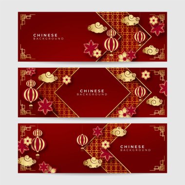 2022 yılında Çin 'de kaplan kırmızı ve altın çiçeği ve arka planda zanaat tarzıyla kesilmiş Asya elementleri. Evrensel Çin arkaplan afişi. Vektör illüstrasyonu