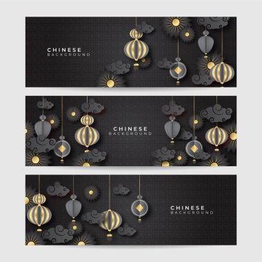 2022 Çin yeni yılı kaplan siyah ve altın çiçeği ve arka planda zanaat tarzıyla kesilmiş Asya elementleri. Evrensel Çin arkaplan afişi. Vektör illüstrasyonu