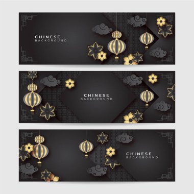 2022 Çin yeni yılı kaplan siyah ve altın çiçeği ve arka planda zanaat tarzıyla kesilmiş Asya elementleri. Evrensel Çin arkaplan afişi. Vektör illüstrasyonu