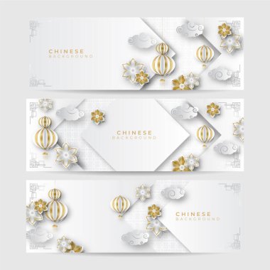 2022 Çin yeni yılı kaplan beyaz ve altın çiçeği ve arka planda zanaat tarzıyla kesilmiş Asyalı elementler. Evrensel Çin arkaplan afişi. Vektör illüstrasyonu