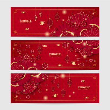 2022 yılında Çin 'de kaplan kırmızı ve altın çiçeği ve arka planda zanaat tarzıyla kesilmiş Asya elementleri. Evrensel Çin arkaplan afişi. Vektör illüstrasyonu