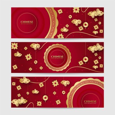 2022 yılında Çin 'de kaplan kırmızı ve altın çiçeği ve arka planda zanaat tarzıyla kesilmiş Asya elementleri. Evrensel Çin arkaplan afişi. Vektör illüstrasyonu