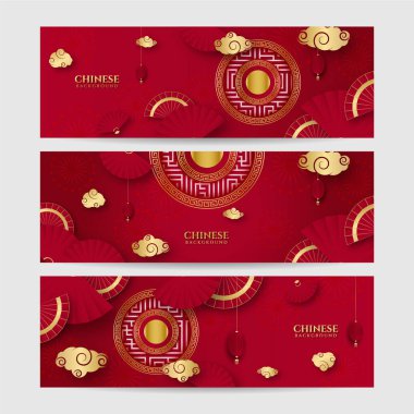 2022 yılında Çin 'de kaplan kırmızı ve altın çiçeği ve arka planda zanaat tarzıyla kesilmiş Asya elementleri. Evrensel Çin arkaplan afişi. Vektör illüstrasyonu