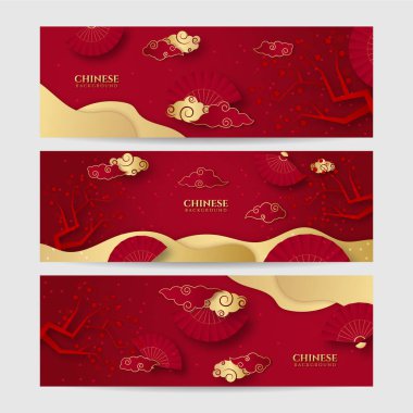 2022 yılında Çin 'de kaplan kırmızı ve altın çiçeği ve arka planda zanaat tarzıyla kesilmiş Asya elementleri. Evrensel Çin arkaplan afişi. Vektör illüstrasyonu