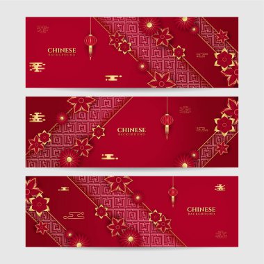 2022 yılında Çin 'de kaplan kırmızı ve altın çiçeği ve arka planda zanaat tarzıyla kesilmiş Asya elementleri. Evrensel Çin arkaplan afişi. Vektör illüstrasyonu