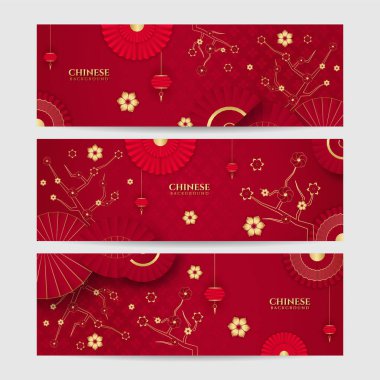 2022 yılında Çin 'de kaplan kırmızı ve altın çiçeği ve arka planda zanaat tarzıyla kesilmiş Asya elementleri. Evrensel Çin arkaplan afişi. Vektör illüstrasyonu